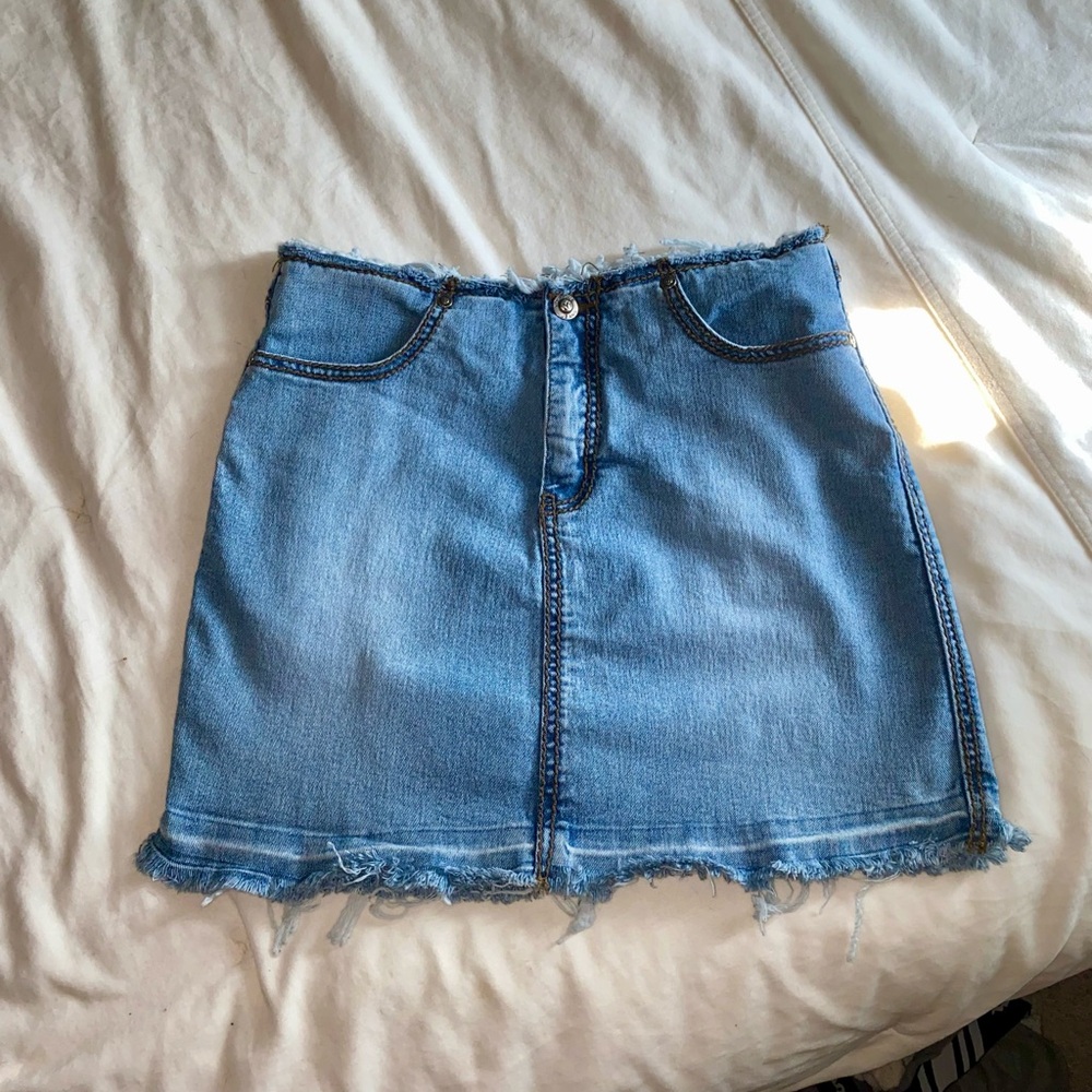 Younique Raw Hem Metallic Thread Fringe Distressed Embroidered Jean Skirt